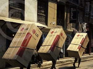 Photo of refridgerators being delivered in Kathmandu. Nepal