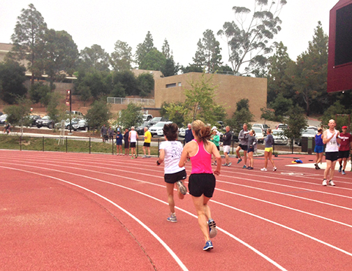 Photo of Becky Aaronson during Vicki's 3000m race at Westmont College 
